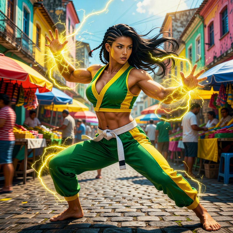 Muscular female martial artist with crackling golden lightning holds a combat stance on a busy co...