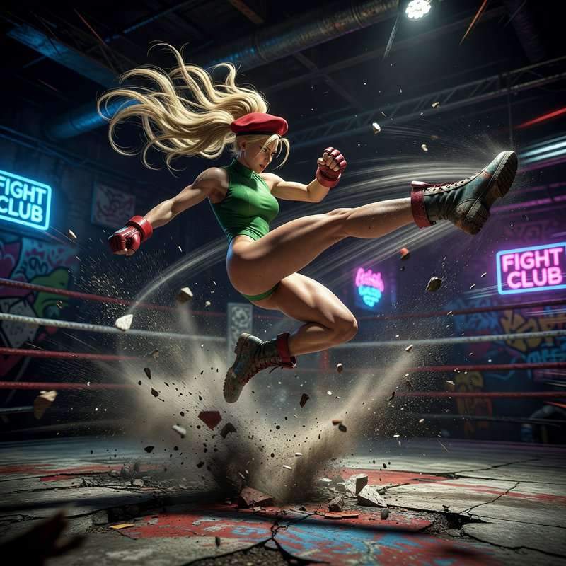Street Fighter's Cammy White executes a devastating flying kick inside a gritty neon-lit undergro...