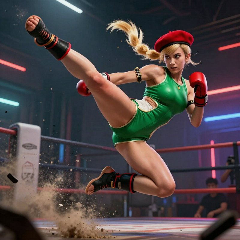Hyperrealistic Cammy White from Street Fighter performs a dynamic flying kick mid-air in a neon l...