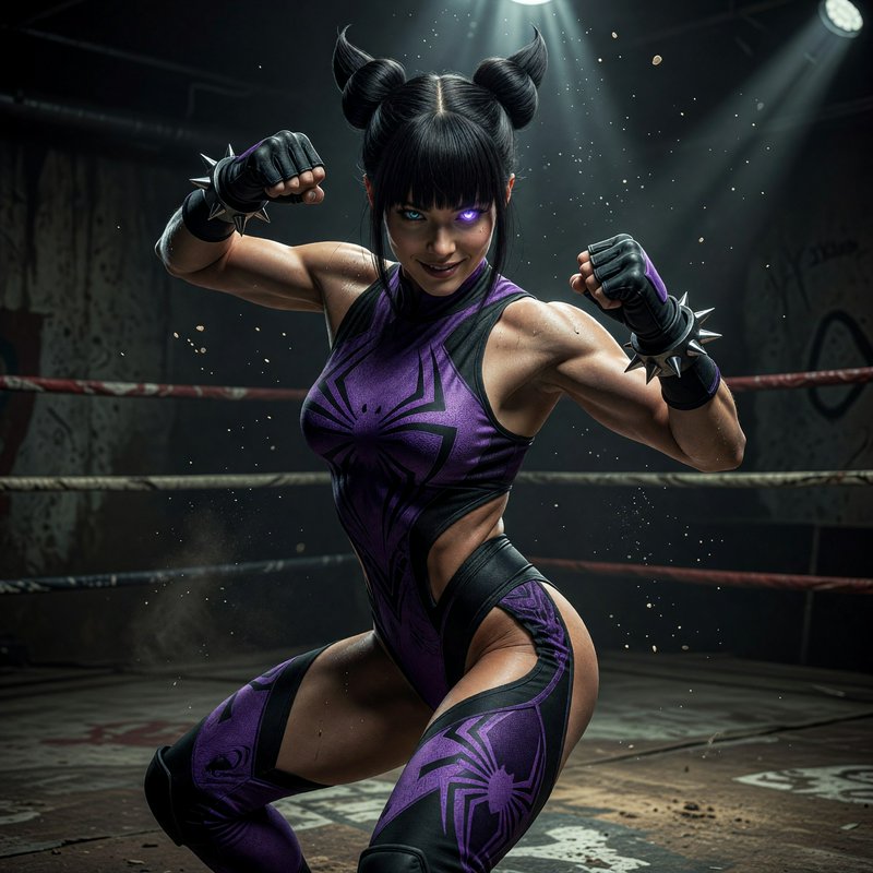 Female combatant in purple spider suit in fighting stance, inside gritty underground boxing ring,...