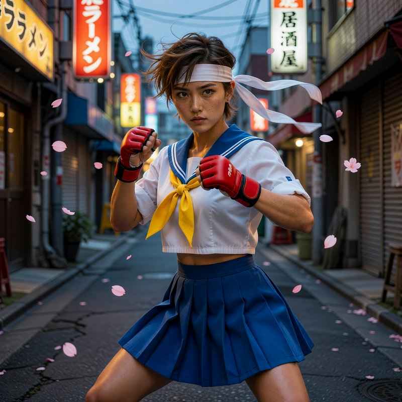 Photorealistic portrait of Sakura Kasugano cosplayer in fighting stance on a Tokyo side street wi...