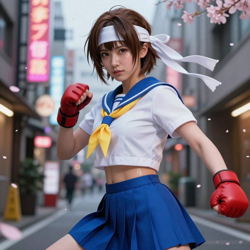 Cosplayer portraying Street Fighter's Sakura Kasugano in a fighting stance on a cherry blossom li...