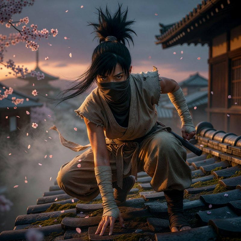 Masked shinobi ninja crouched in combat stance on a Japanese rooftop, surrounded by falling cherr...