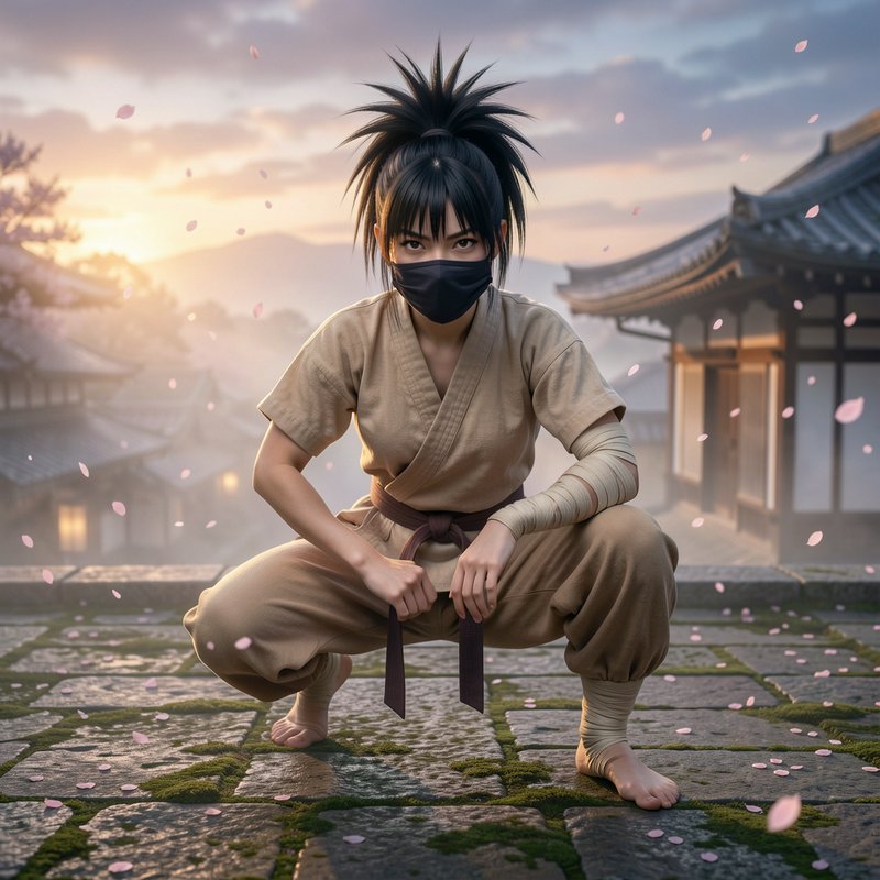 Fierce masked female ninja crouches on a mossy Japanese temple rooftop as cherry blossom petals f...
