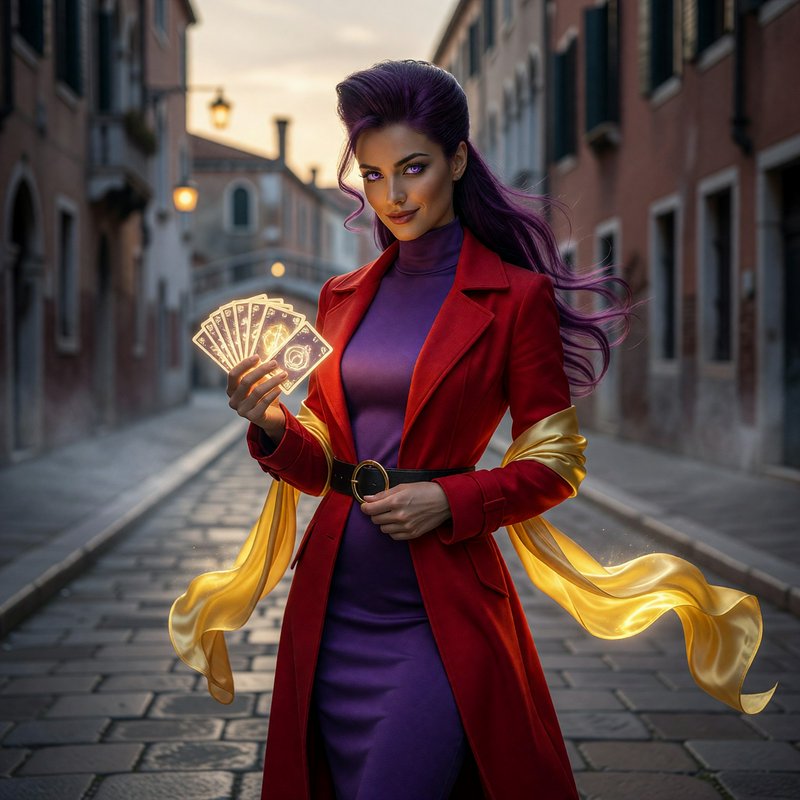 Woman with purple hair holds glowing enchanted tarot cards on a historic cobblestone city street ...