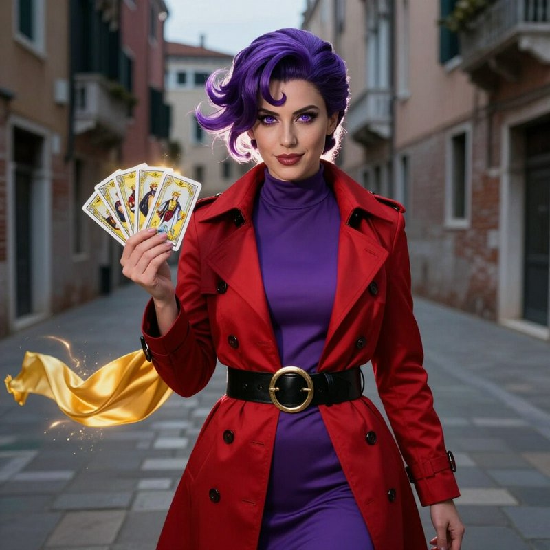 Woman with vibrant purple hair holds glowing tarot cards, wearing a red trench coat, on a cobbles...
