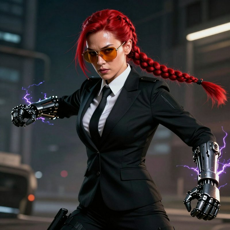 Fierce cyberpunk woman with red braided hair, cybernetic robotic arms crackling with purple energy in a night city setting
