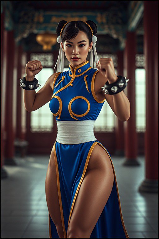 Photorealistic Chun-Li cosplayer in a fighting stance, posed inside an ornate traditional Chinese temple interior.