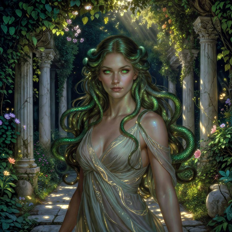 Portrait of fantasy Medusa with glowing green serpent hair, standing in an overgrown sunlit ancient temple garden