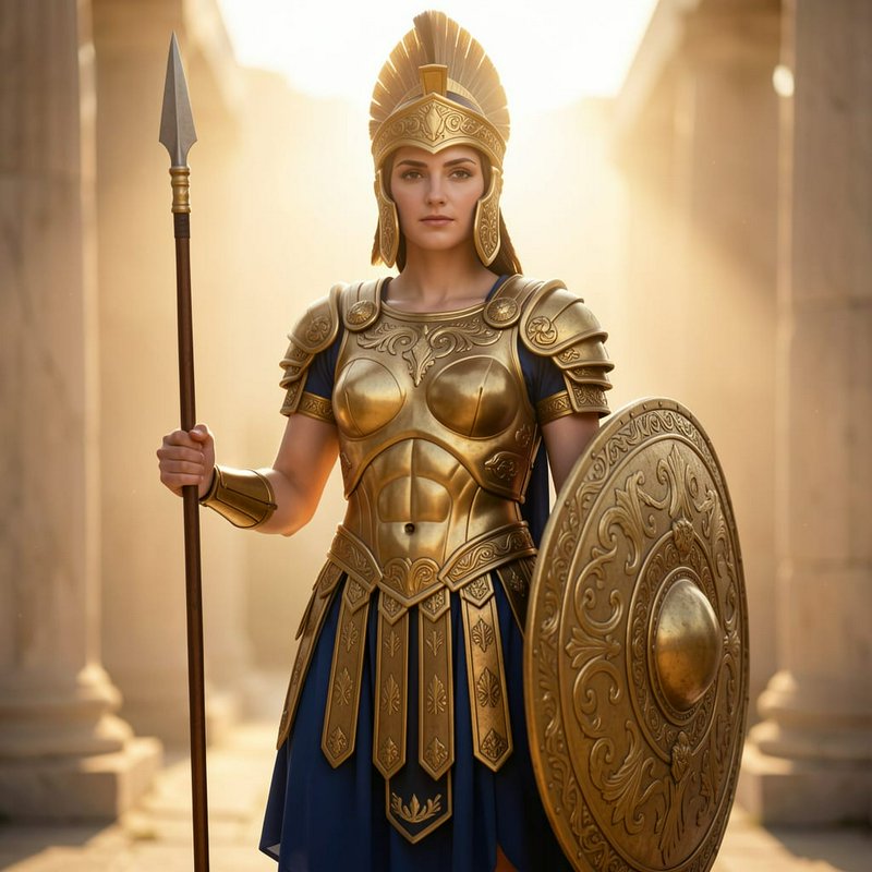 Goddess Athena in ornate golden Greek armor holds a spear and round shield in a sunlit ancient marble temple colonnade