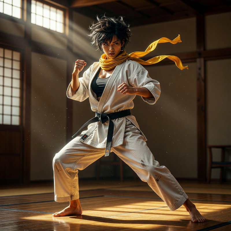 Female black belt martial artist holding a fighting stance in a sunlit traditional dojo