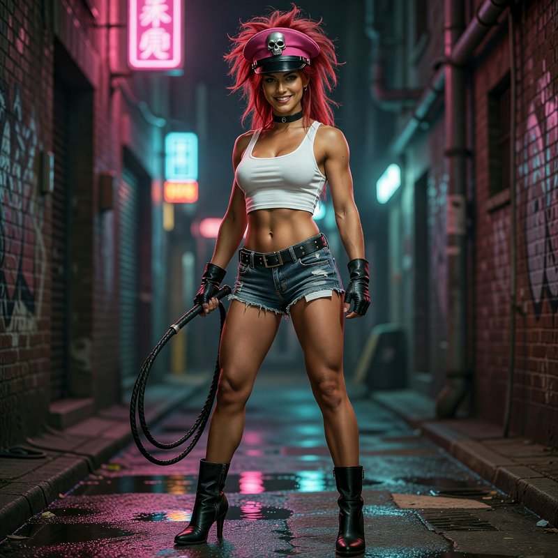 Muscular pink-haired woman with a skull cap holding a whip stands in a neon lit city alley