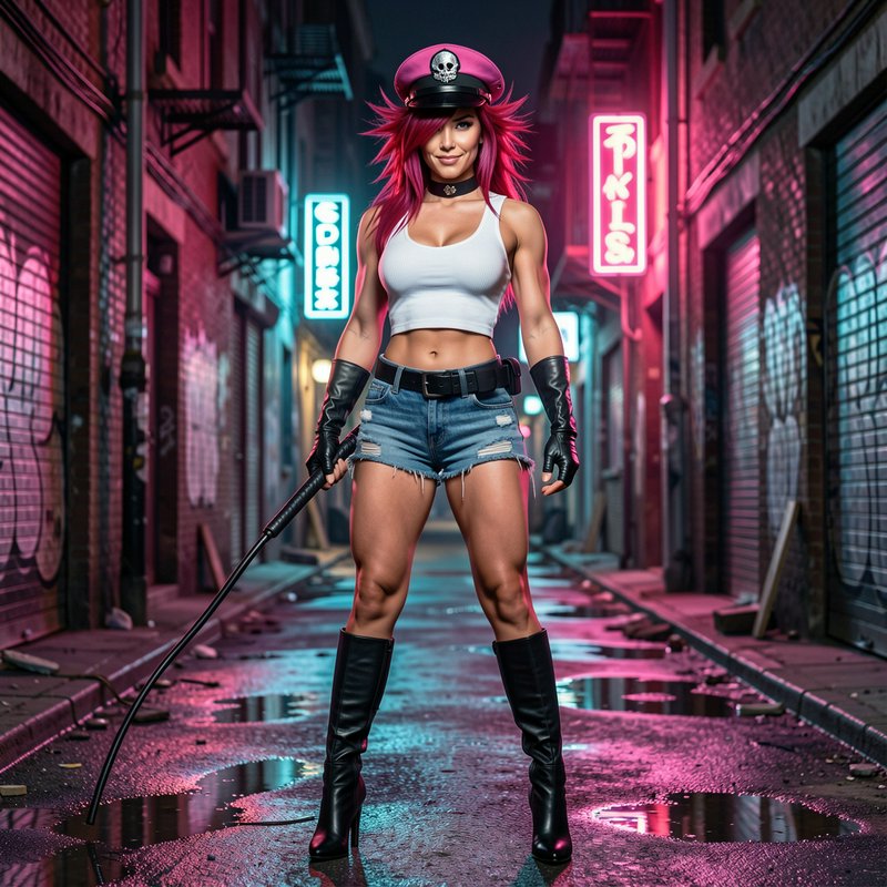 Muscular pink-haired woman holding a whip stands in a neon lit city alley at night