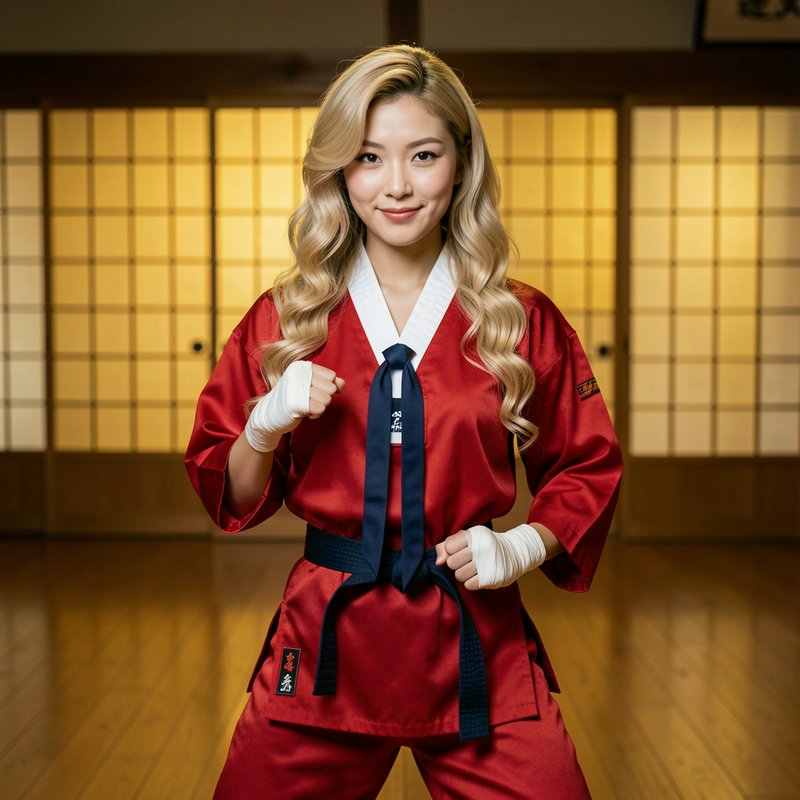 Blonde East Asian woman in red martial arts uniform stands in a ready stance inside a traditional wooden dojo