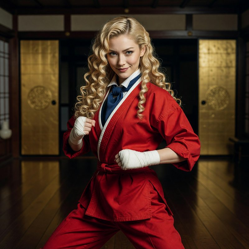 Curly blonde woman in red martial arts uniform poses in fighting stance inside a traditional dojo
