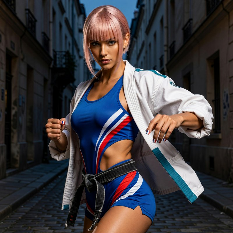 Pink haired female martial artist in a fight stance standing in a narrow Parisian cobblestone alley at twilight