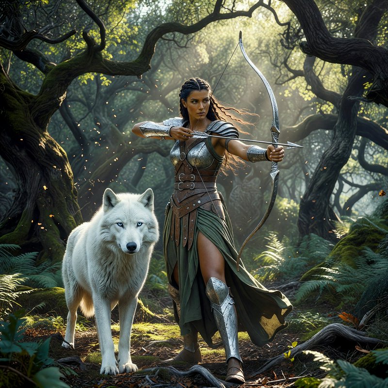 Female fantasy archer drawing a silver bow beside a large white wolf in an enchanted sunlit forest