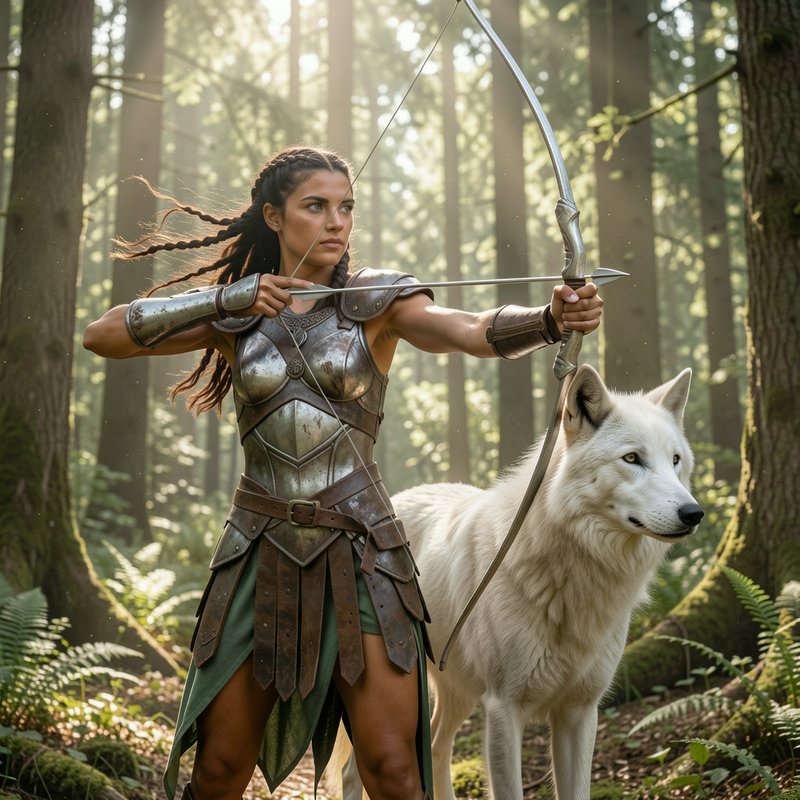 Armored female fantasy archer draws a bow standing beside a white wolf in a sunlit old growth forest