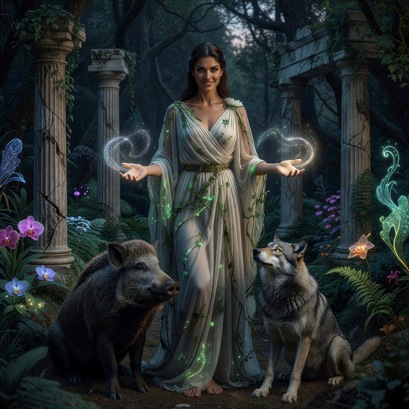 Forest dryad goddess conjures glowing magic flanked by a boar and wolf in overgrown ancient temple ruins