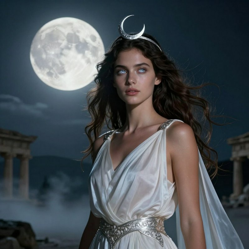 Greek moon goddess wearing a crescent crown stands under a glowing full moon at misty ancient temple ruins