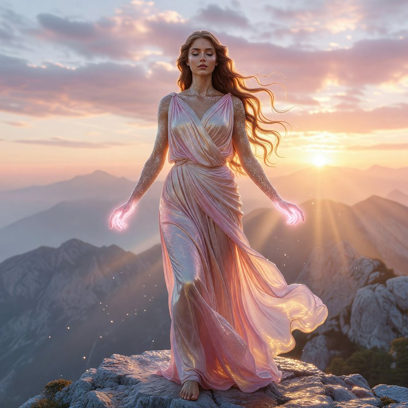 Ethereal glowing goddess stands on a rocky mountain peak at warm pastel sunset, magic emanating from her hands