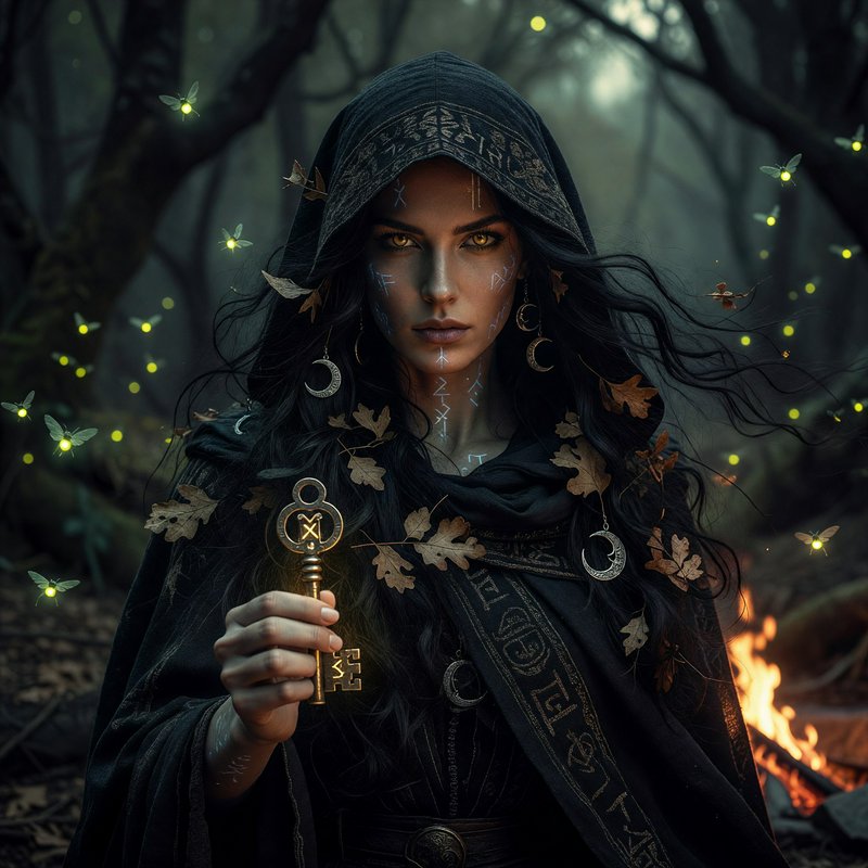 Hooded rune-marked forest witch holds a glowing golden key in a misty enchanted twilight forest