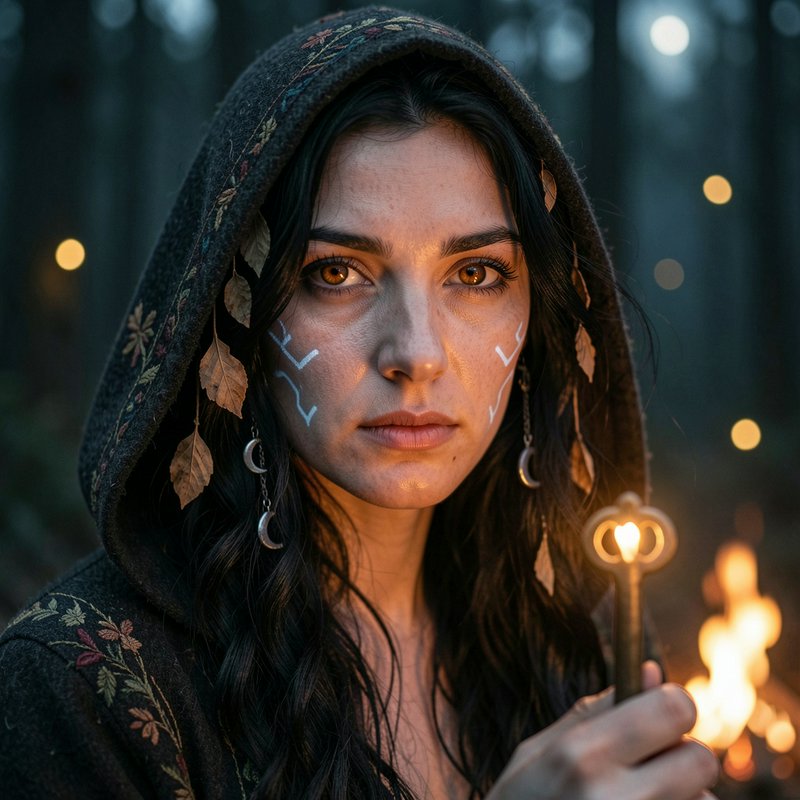 Hooded pagan witch with rune face paint holds a glowing key beside a twilight forest campfire