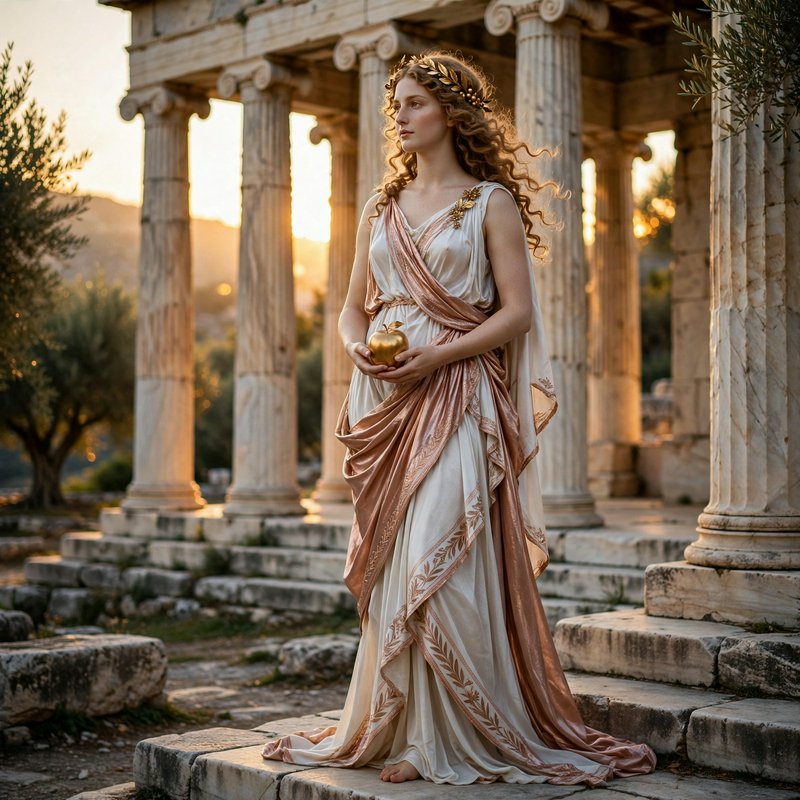 Ancient Greek goddess holding a golden apple stands on marble temple steps at golden sunset