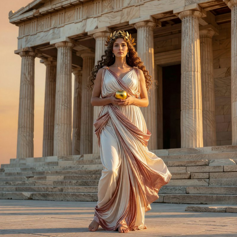 Greek goddess with laurel wreath holds a golden apple while standing before a classical marble te...