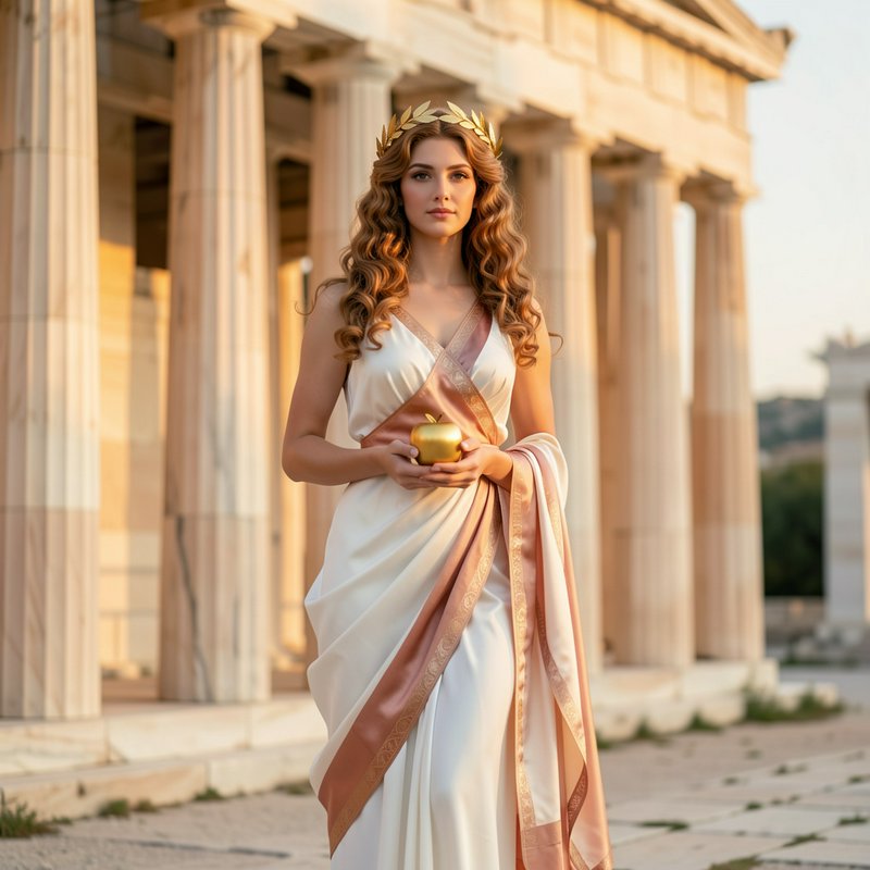 Woman with a gilded laurel crown holds a golden apple while standing before an ancient columned G...