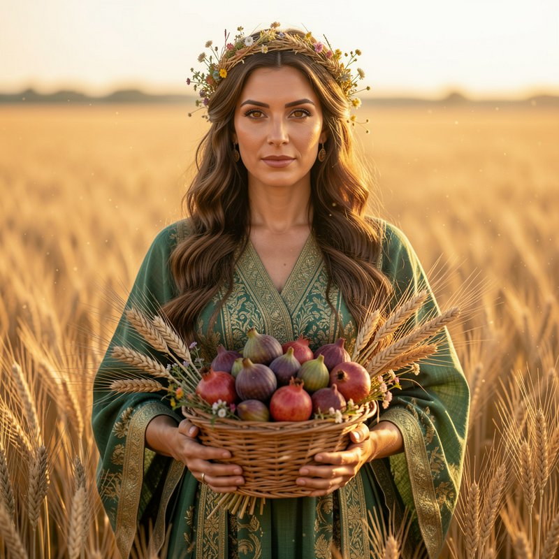 Woman with a wildflower crown holds a harvest basket while standing in a golden wheat field at su...