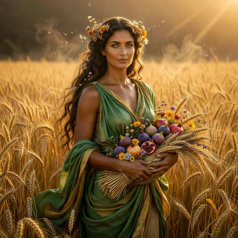 Greek harvest goddess holds a bountiful fruit and wheat bouquet in a sunlit golden wheat field