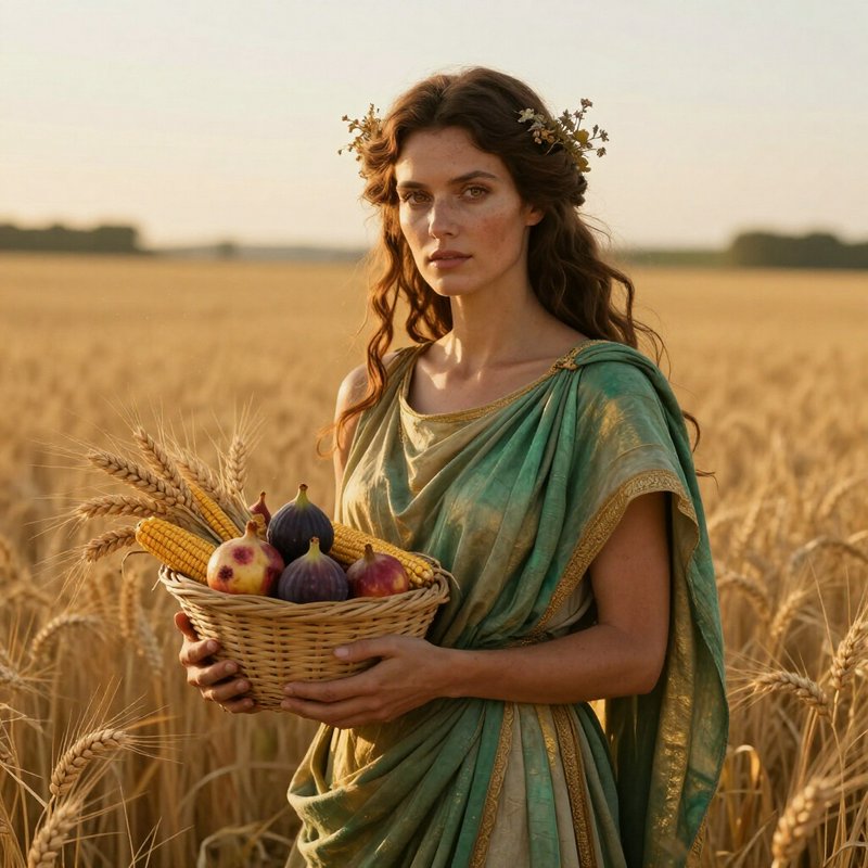Harvest goddess holding a produce basket stands in a sunlit golden wheat field