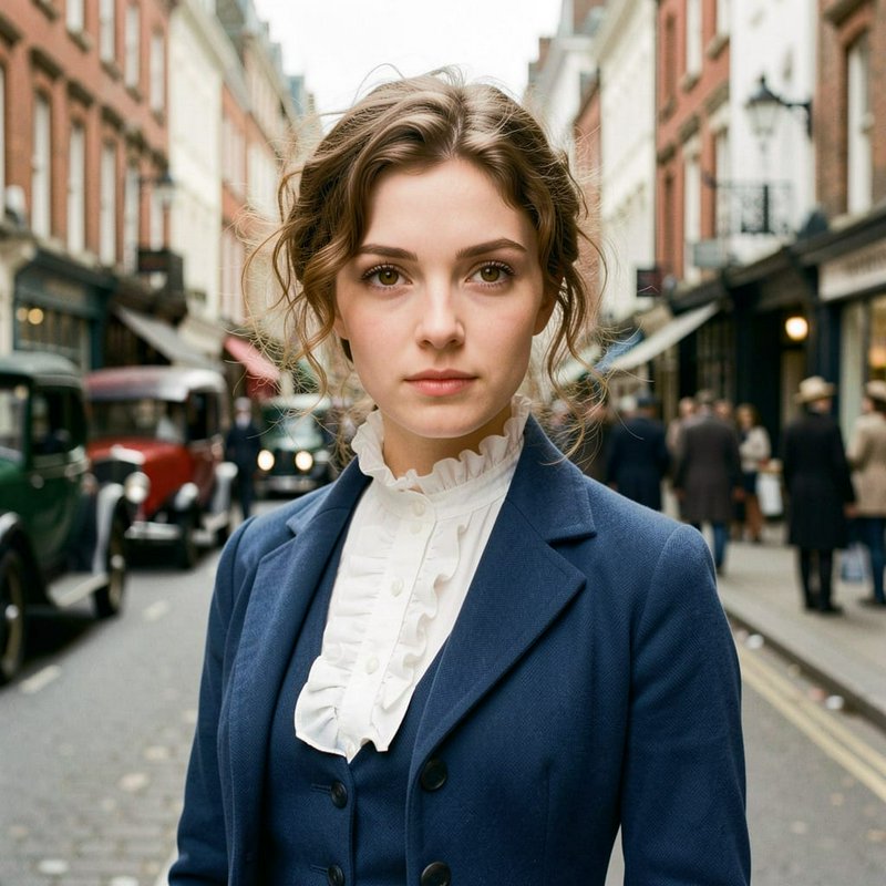 Young woman in Edwardian attire stands on a 1920s London street with vintage cars in the background