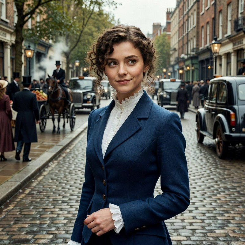 Young woman in a navy Edwardian suit stands on a busy vintage London cobblestone street