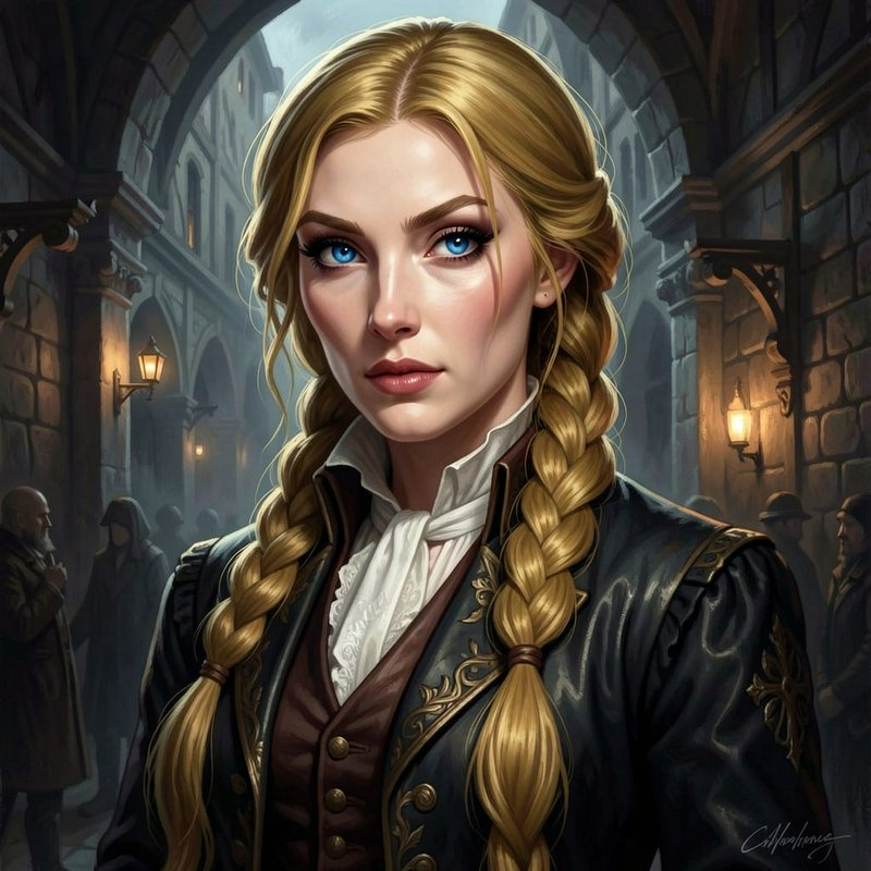 Portrait of a blonde woman with long braids and bright blue eyes standing in a misty medieval sto...