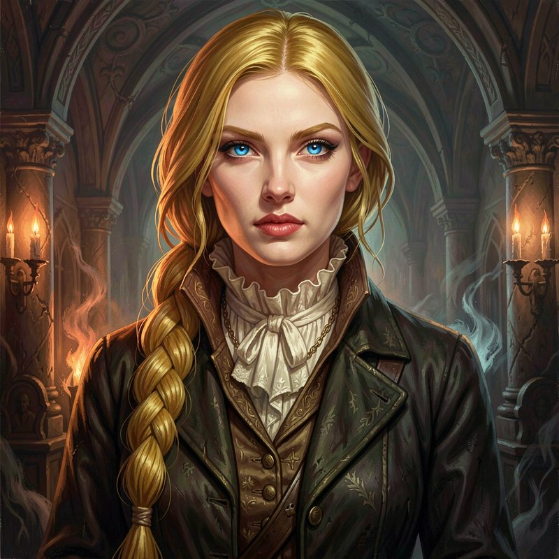 Regal blonde woman with bright blue eyes stands in a candlelit gothic castle hall