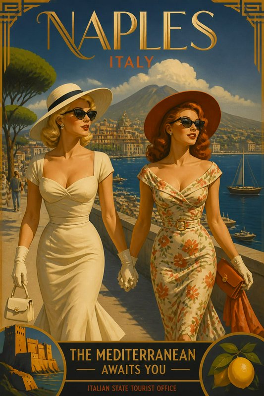 Vintage Naples Italy travel poster featuring two glamorous mid-century women strolling a seaside ...
