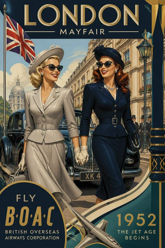 Vintage 1952 London Mayfair BOAC travel poster featuring two elegant midcentury women walking past a classic car
