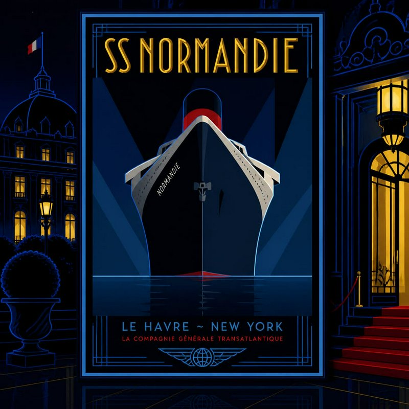 Framed Art Deco travel poster featuring the SS Normandie ocean liner against a glowing nighttime ...