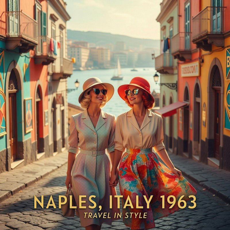 Two stylish mid-century women walk hand in hand down a sunlit cobblestone coastal street in 1960s Naples Italy