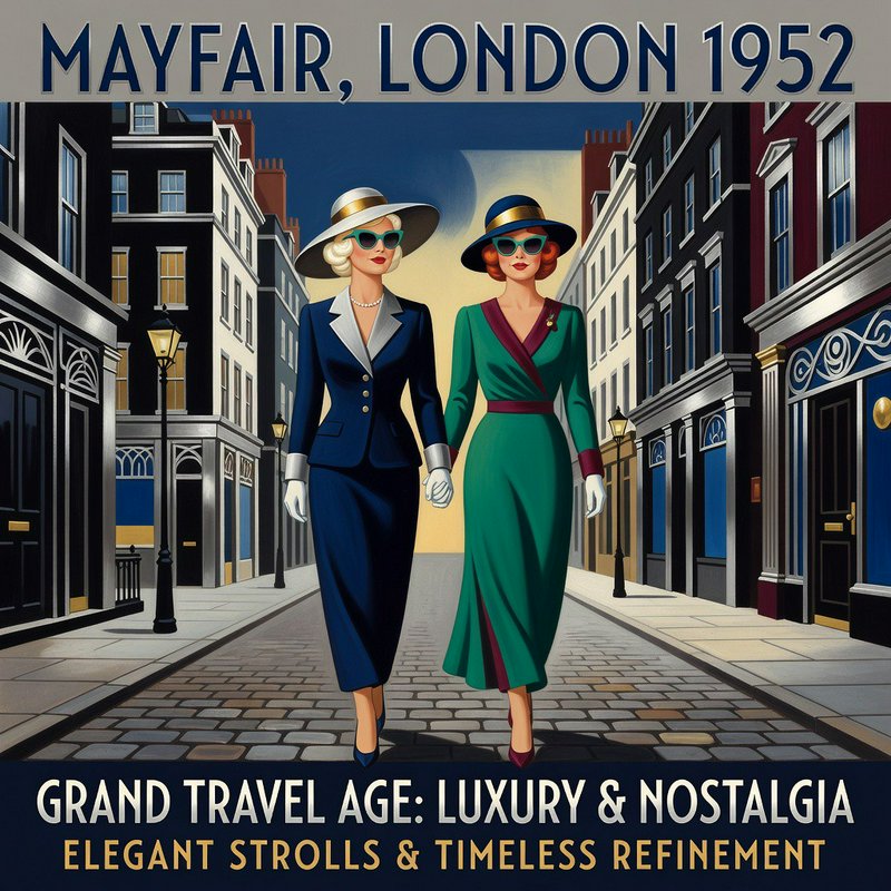 Two stylish midcentury women stroll arm in arm down a 1952 Mayfair London cobblestone street, ret...