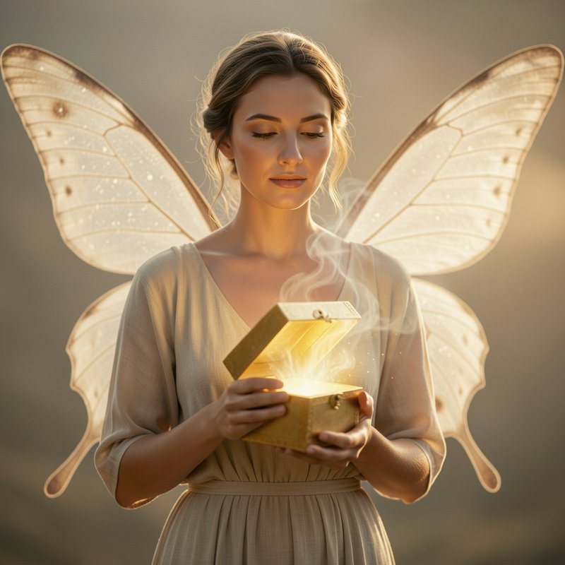 Ethereal fairy with translucent butterfly wings holds a glowing open golden magic box