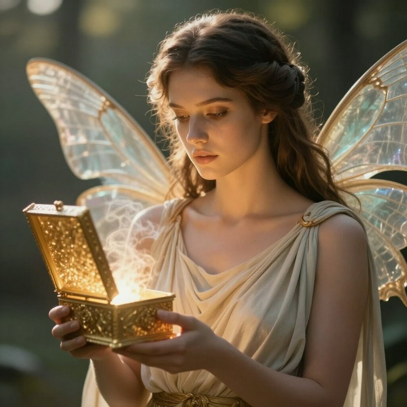 Winged forest fairy gazes thoughtfully at a glowing ornate golden box she holds in both hands.