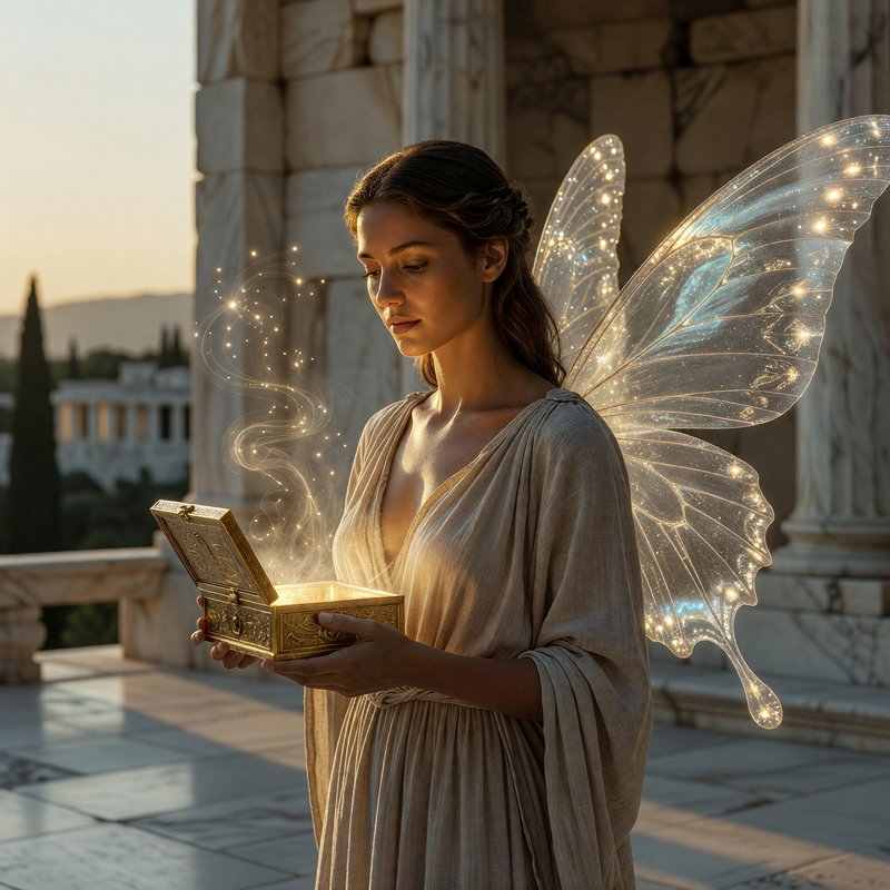 Ethereal winged fairy holds a glowing golden open box on an ancient Greek temple terrace at sunset