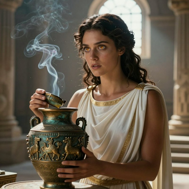 Pandora opening a smoking ornate urn inside a sunlit ancient Greek temple