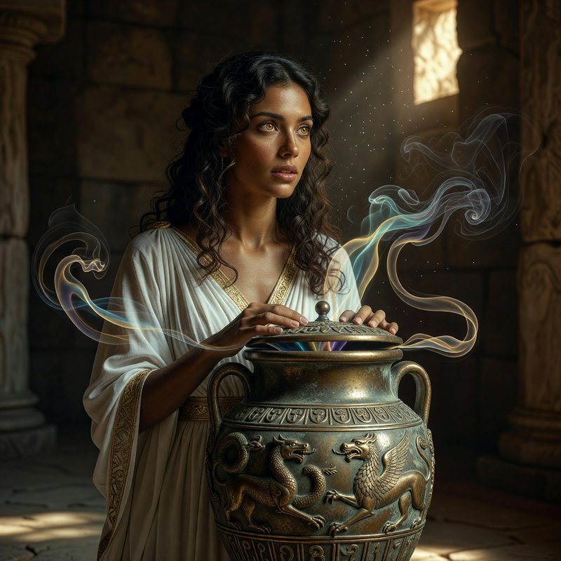Pandora lifts the lid of an ornate ancient urn as glowing magical wisps drift out in a sunlit stone temple