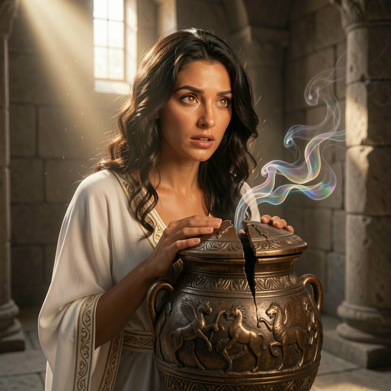 Wary Pandora stands over a cracked ornate bronze urn as iridescent smoke rises in a sunlit stone temple