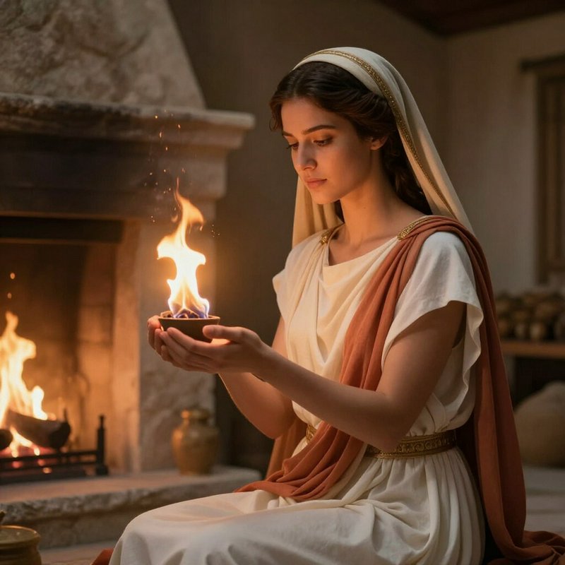 Vestal virgin in ancient Roman attire holding a small flaming bowl beside a warm stone fireplace