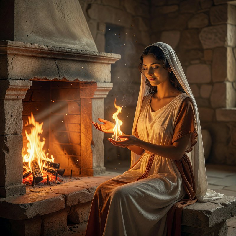 Serene veiled woman in a linen tunic holds a small floating flame while sitting beside a burning stone hearth